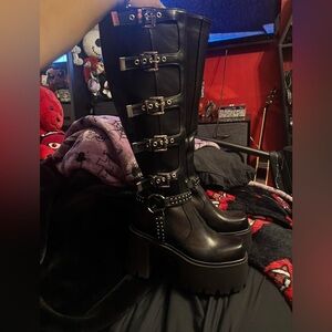 Sleek Black Buckle Knee High Boots